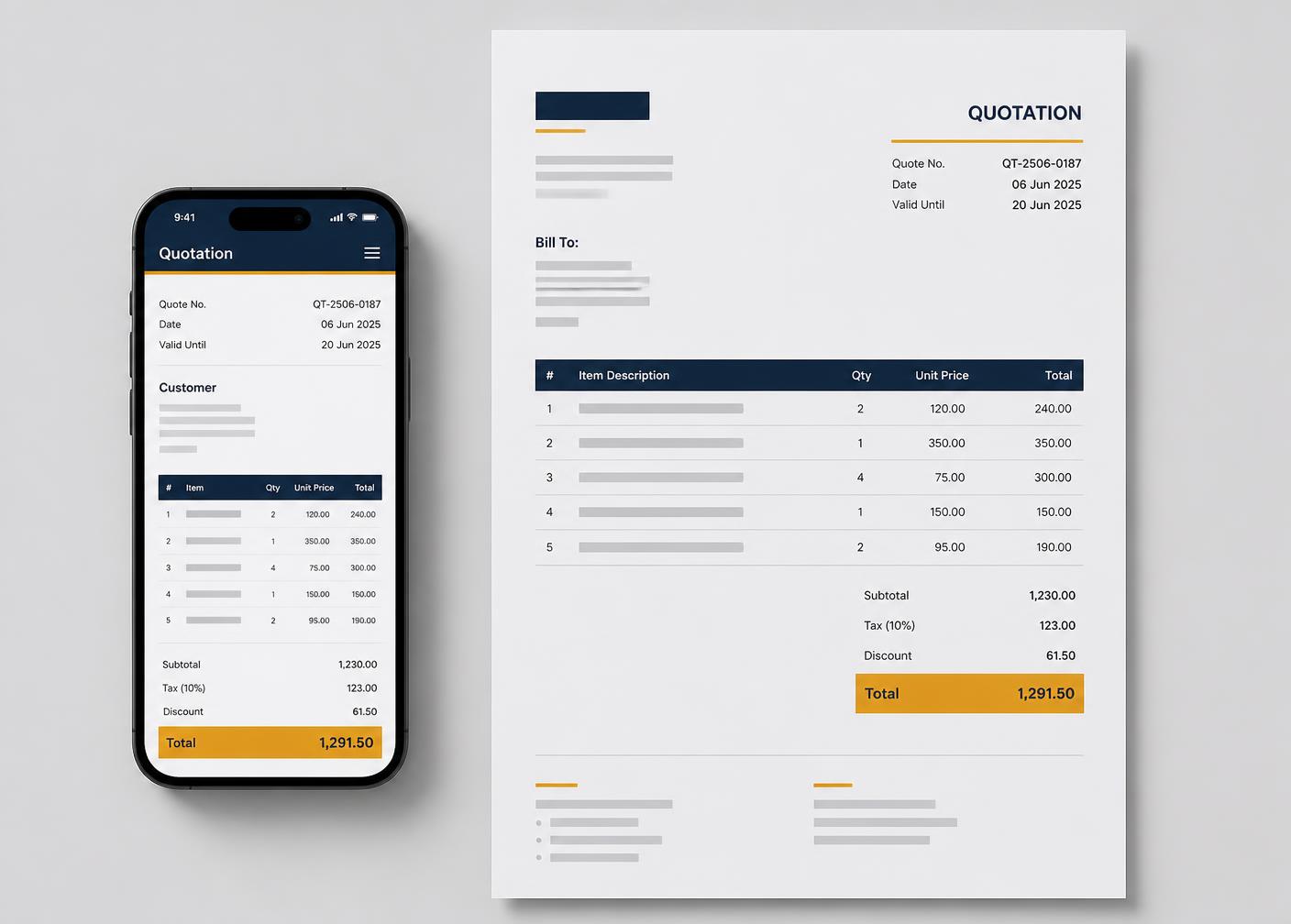 A TradeQuote quotation shown on a phone next to a printed quote with subtotal, VAT and total
